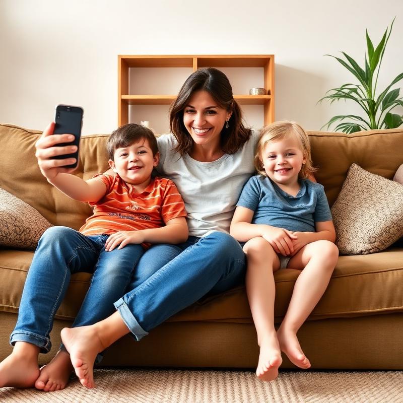 Original phone snapshot of a mother and her two children on the couch