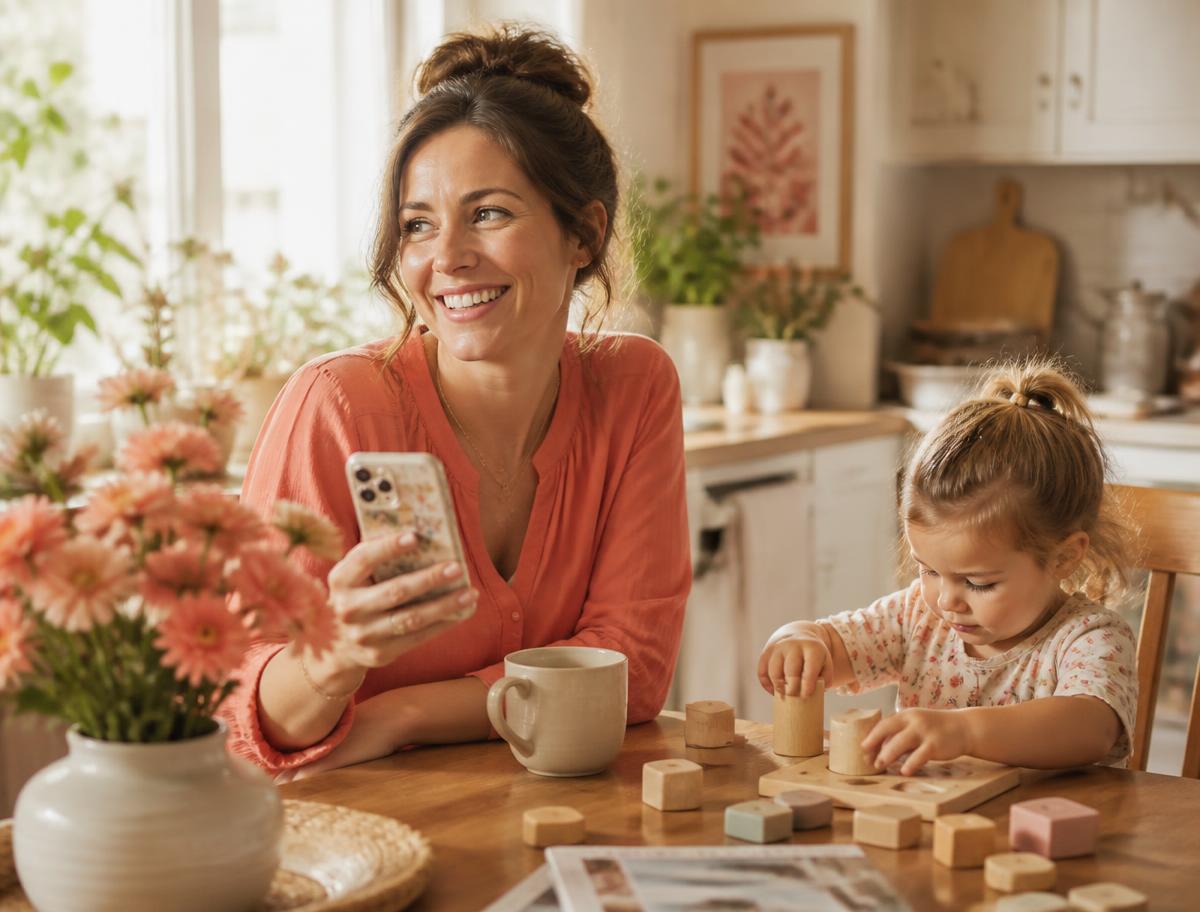 A mother using WifeGPT on her phone in a sunlit kitchen while her toddler plays