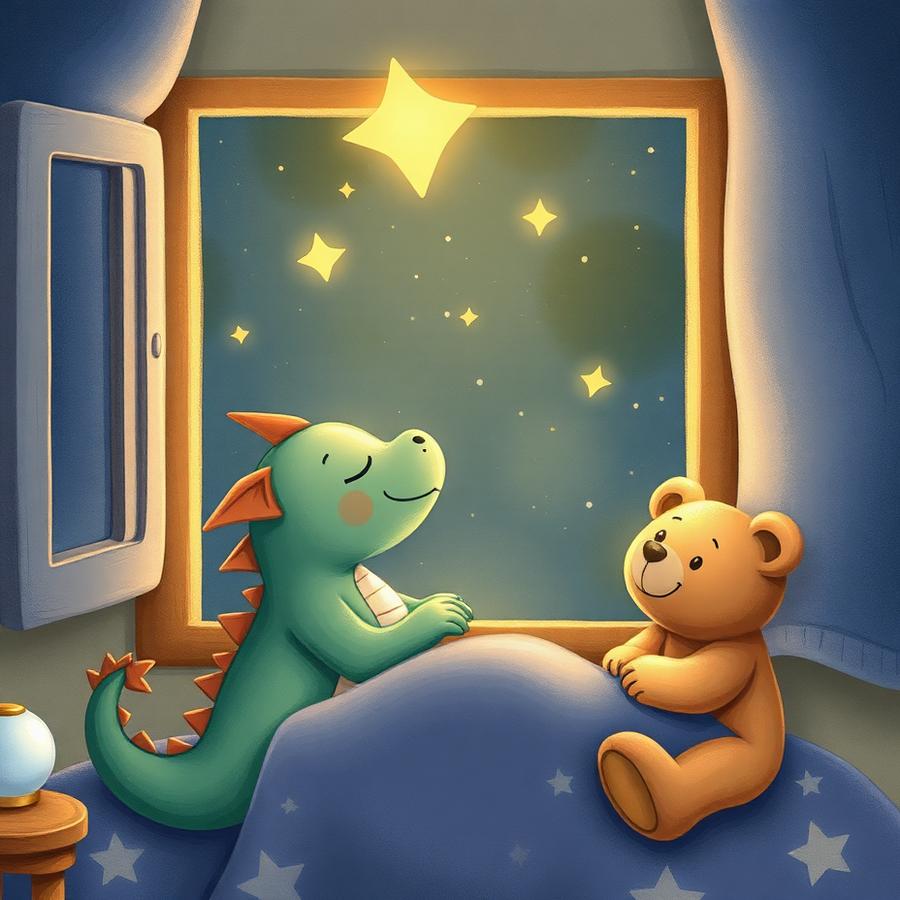 Storybook illustration of a sleepy dragon and a teddy bear watching stars from a bedroom window